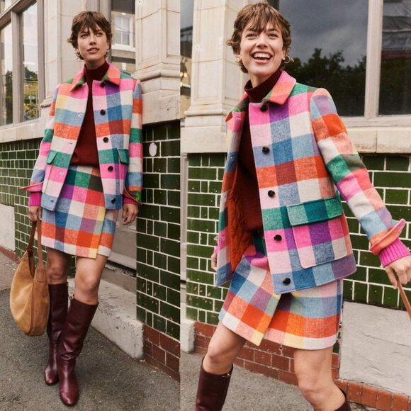 Boden Check Multicolored Wool Peacoat Jacket Size 10 - Picture 1 of 13